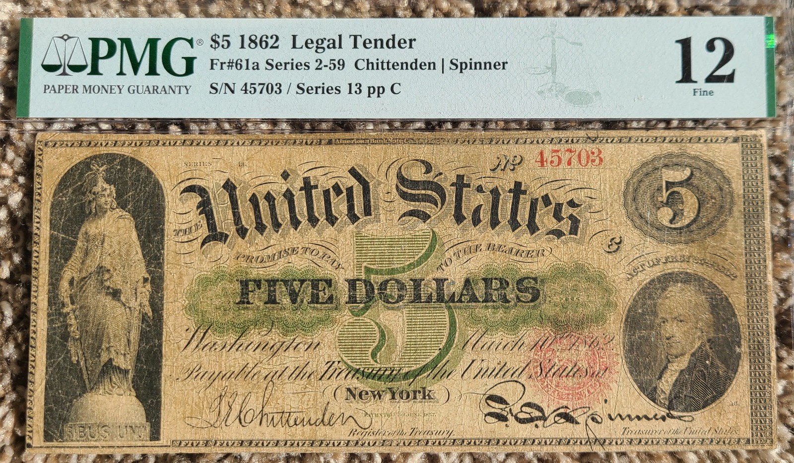 1862 $5 Type 1 Legal Tender Note - Fr 61a Series 2-59 - PMG F12
