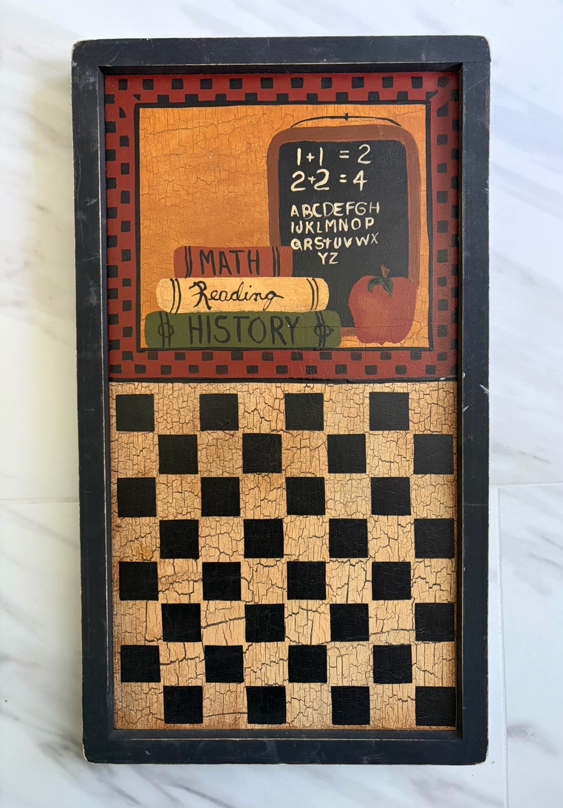 VTG Ridge Hollow Folk Art Wooden Game Board Schoolhouse Checkerboard Rustic