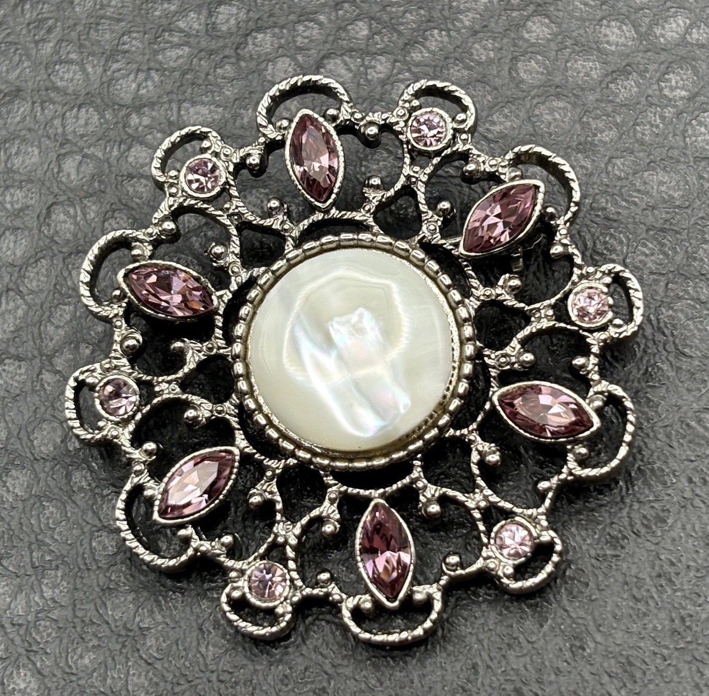 1928 Brand Victorian Revival Brooch Rhinestone Mother Of Pearl Cabochon Pin 1928 Brand Victorian Revival Brooch Rhinestone Mother Of Pearl Cabochon Pin