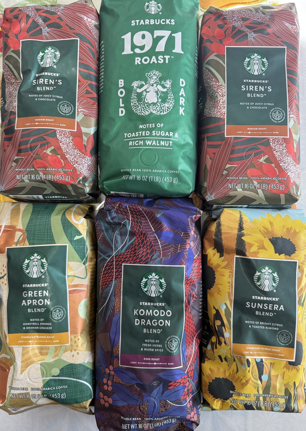 Starbucks Whole Bean Coffee Lot. 6 Bags - Sunsera Green Apron 1971 Komodo Sirens
