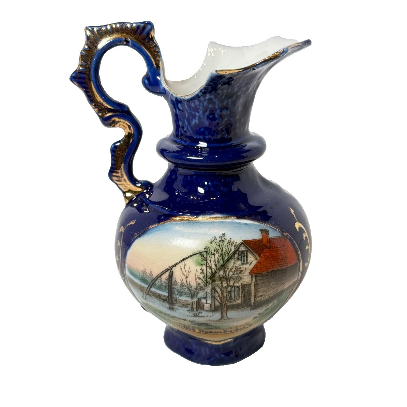 Scituate MA Massachusetts Souvenir OAKEN BUCKET Porcelain COBALT TRINKET CREAMER