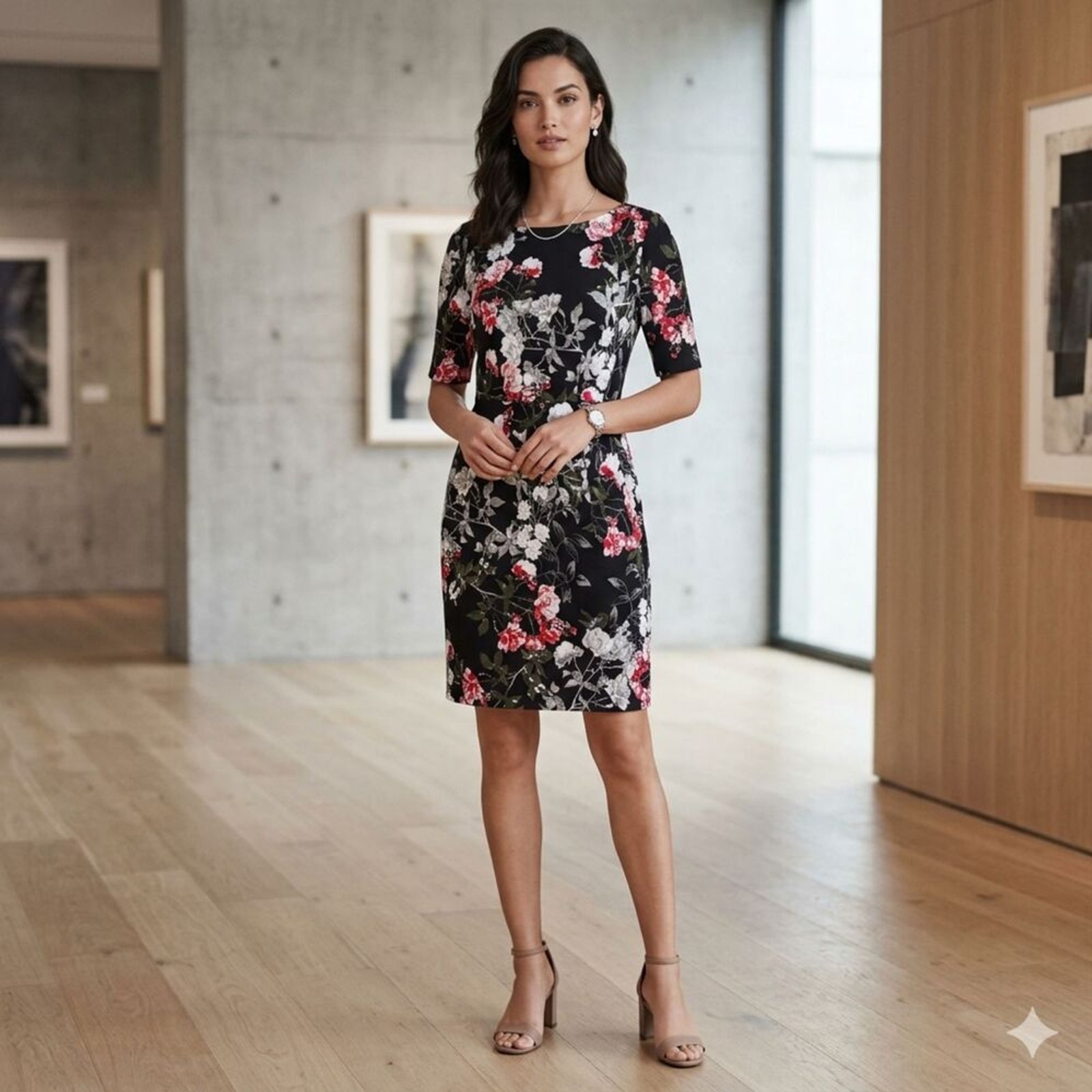 Banana Republic Black Floral Pleat Waist Sheath Dress Banana Republic Black Floral Pleat Waist Sheath Dress