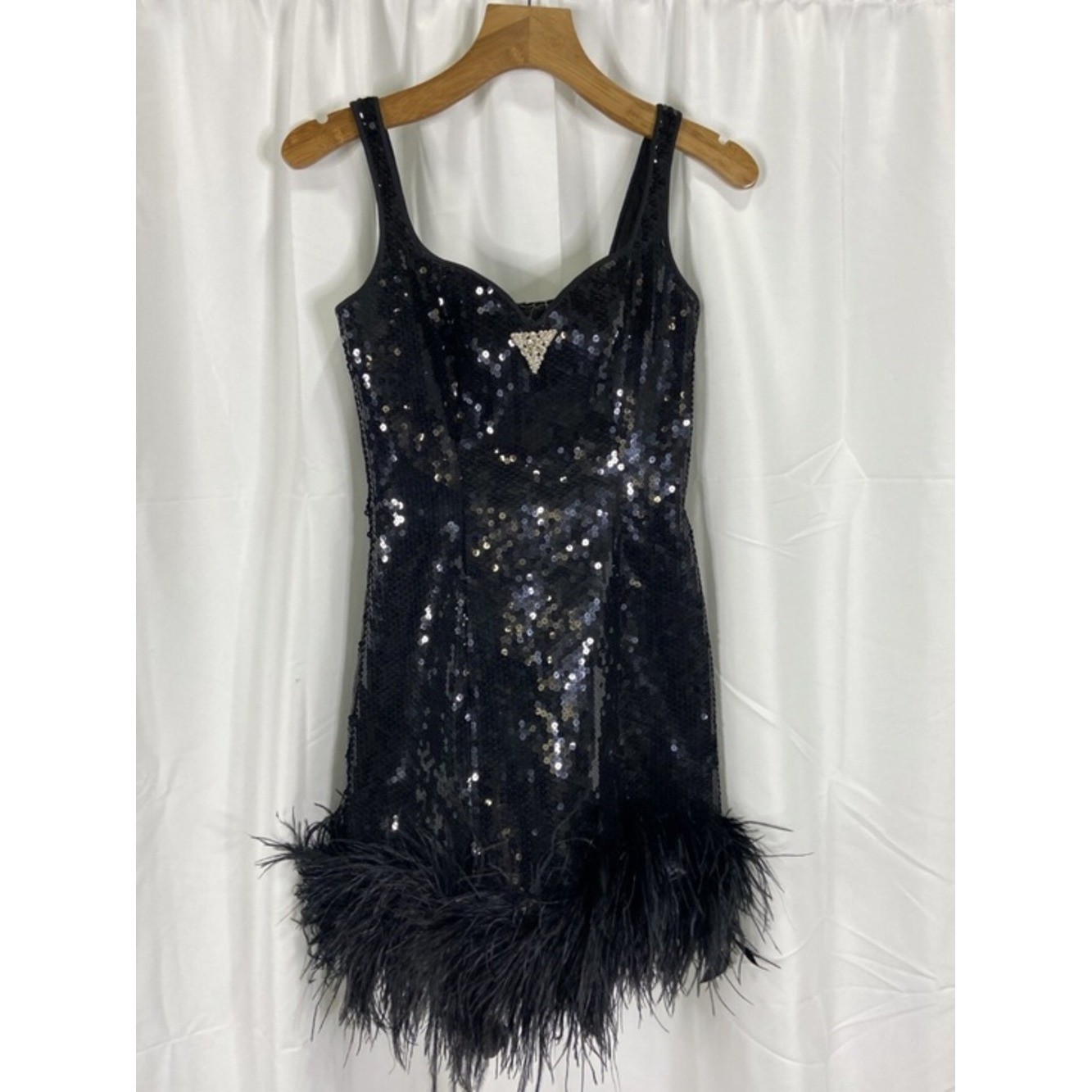 RARE Lillie Rubin Black Sequin Feather Trim Mini Dress Size 4 Vintage Glam Party