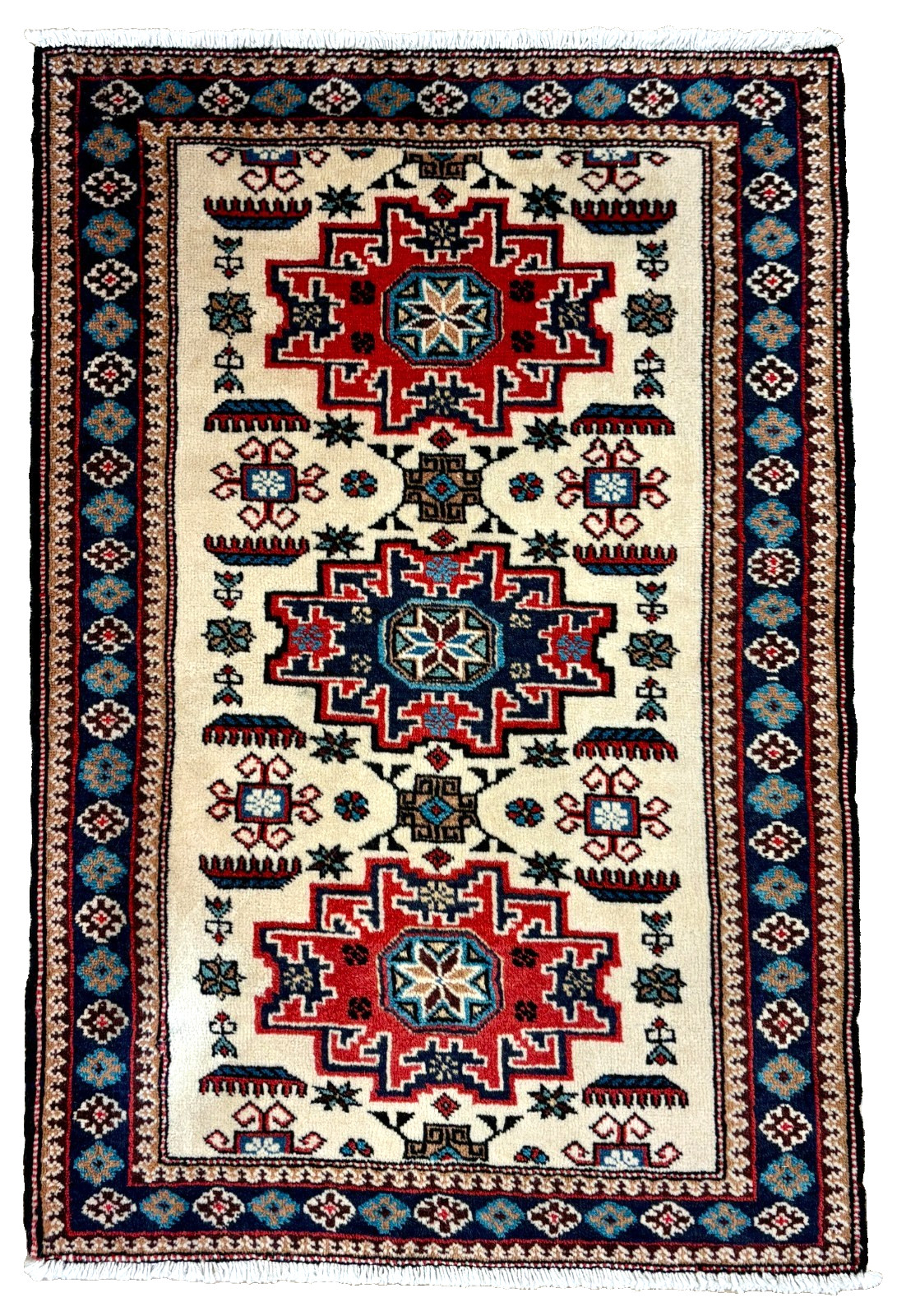 Vintage Ardebil 2x4 Ivory Tribal Geometric Rug Hand Knotted Wool Oriental Boho