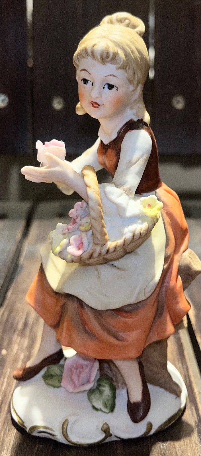 Lefton Vintage Colonial/Country Village Series Bisque Porcelain Girl with Flower