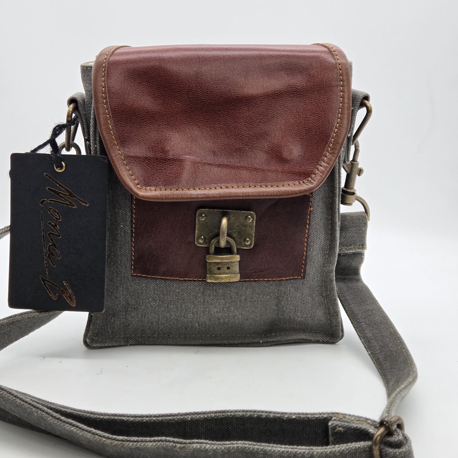 Mona B Upcycled Locksmith Purse Crossbody Bag Gray Canvas Brown Leather Trim Mona B Upcycled Locksmith Purse Crossbody Bag Gray Canvas Brown Leather Trim