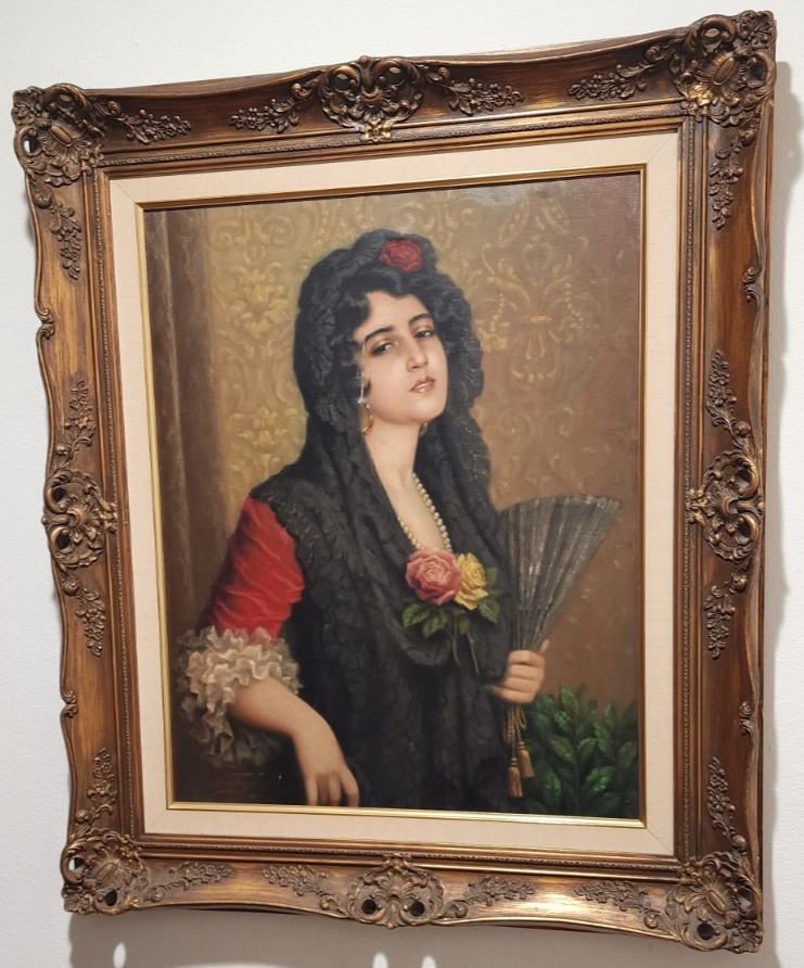 JOHN JENO FRIEDLINGER SPANISH WOMAN GYPSY w/ FAN BEAUTIFUL PORTRAIT c. 1950\'S
