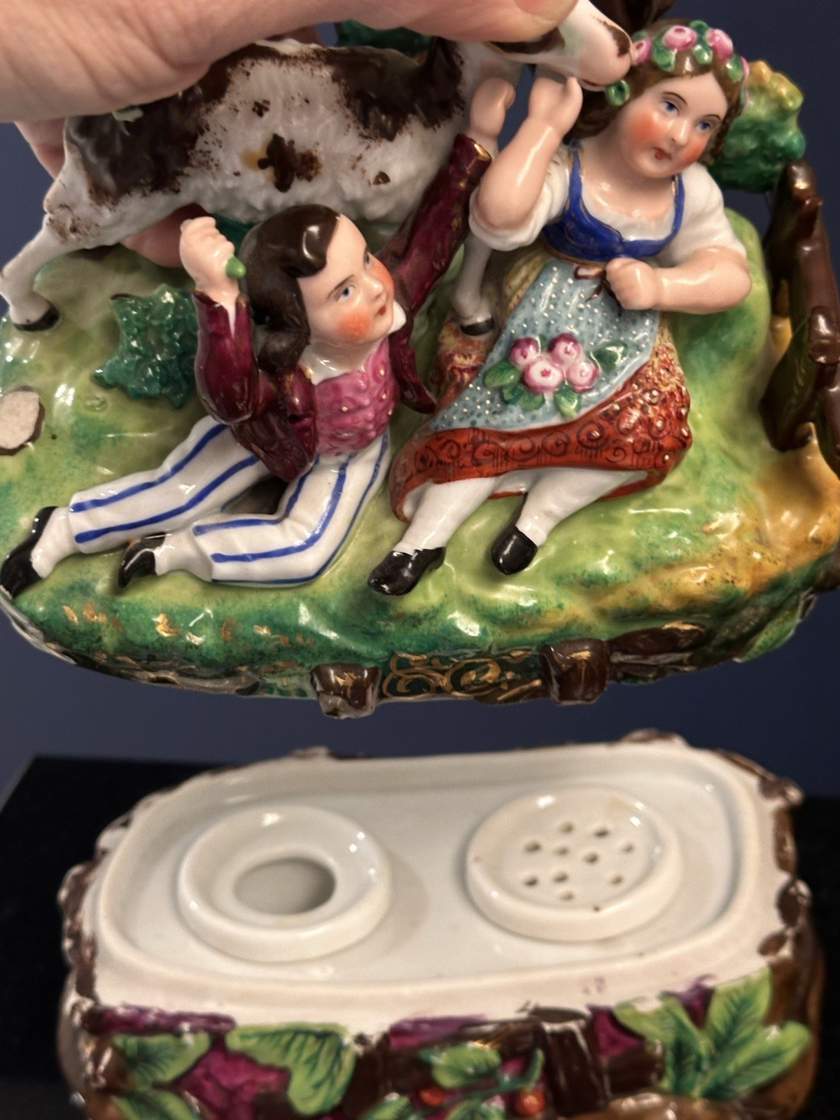 Antique 1840s English Porcelain Figural Inkstand Rare Scene & Sander With Sand