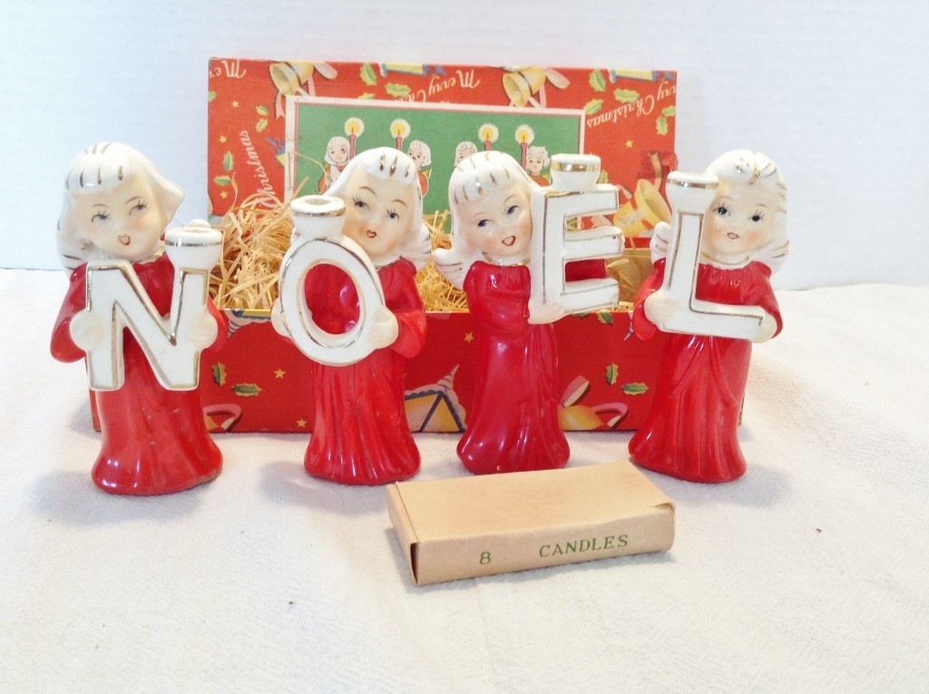 Vintage 1950s Relco NOEL Angel Candle Holders Set w/ Original Box-Rare Red Vintage 1950s Relco NOEL Angel Candle Holders Set w/ Original Box-Rare Red
