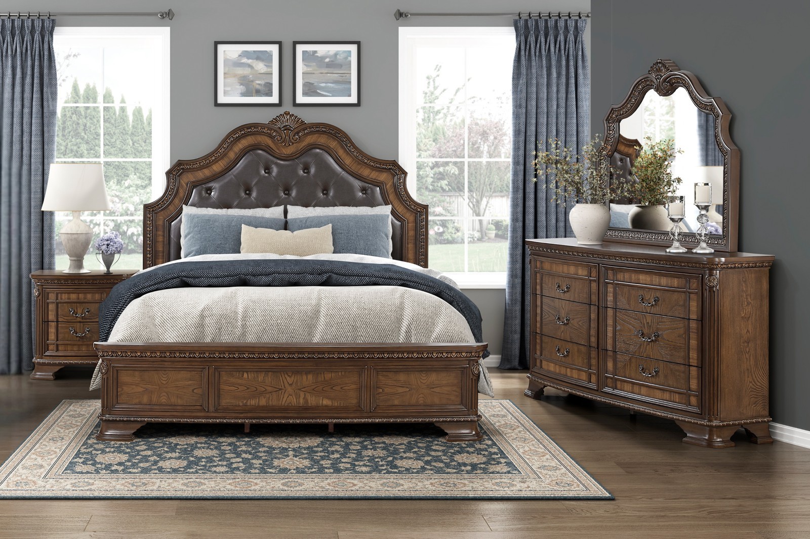 NEW 4PC Classic Sleigh Traditional Queen or King Bedroom Set Brown Bed/D/M/N