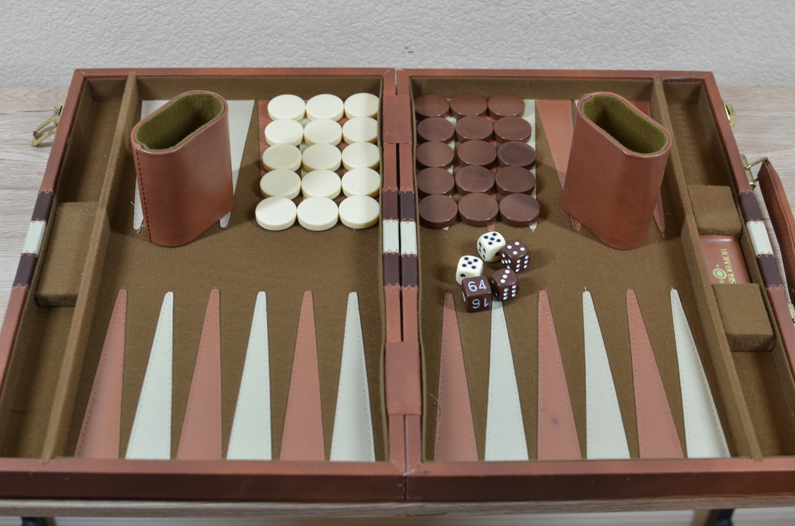 Vintage Backgammon Set Large 20”x15” Brown Faux Leather Case Complete Board Game