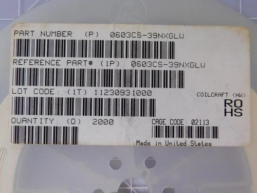 Lot of 487 COILCRAFT 0603CS-39NXGLW X93192 Fixed Inductors 0603 39nH Unshld 2%