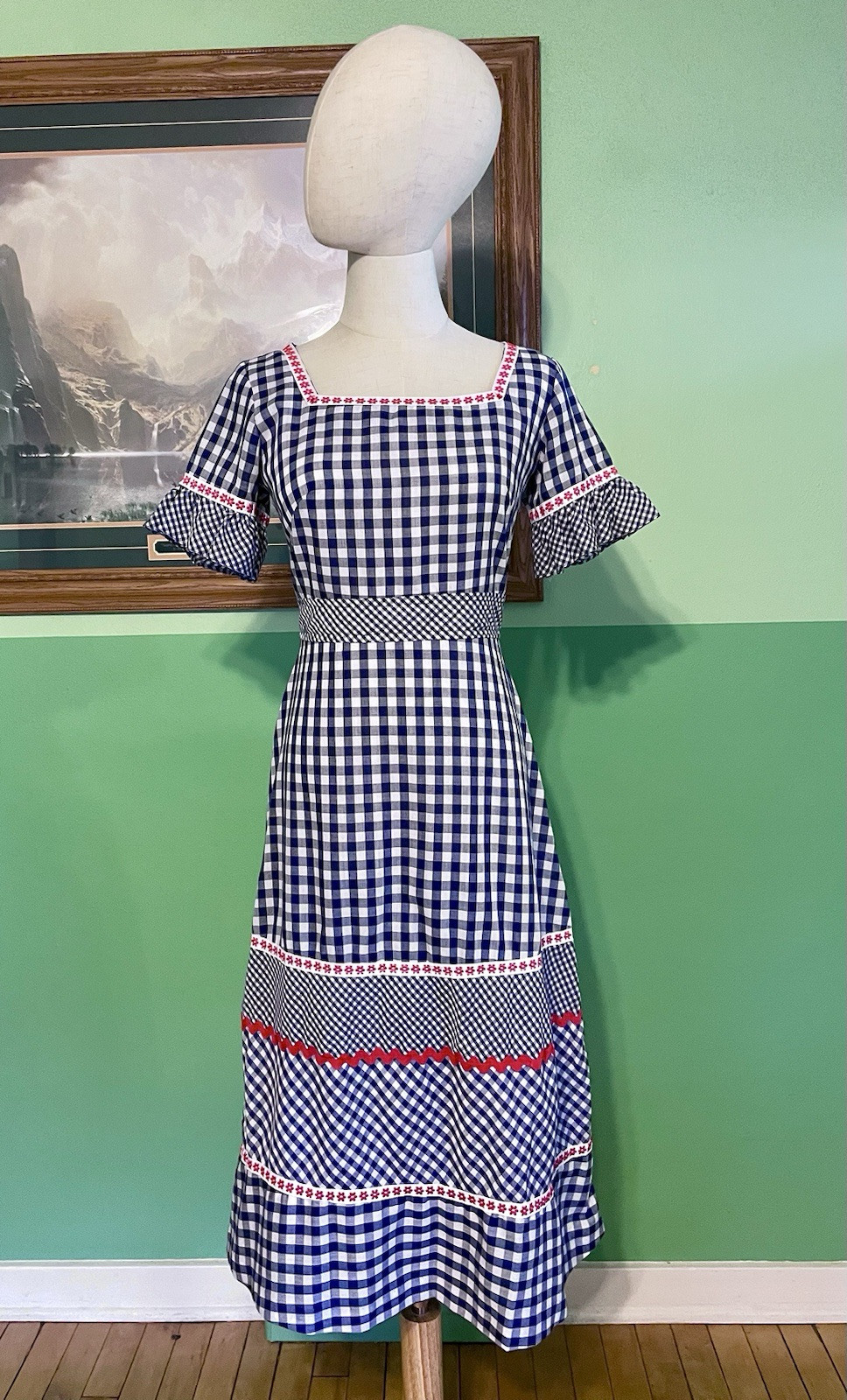 VTG 60s Handmade Blue Gingham Country Romance Dress Daisy Hippie Ric Rac Flutter