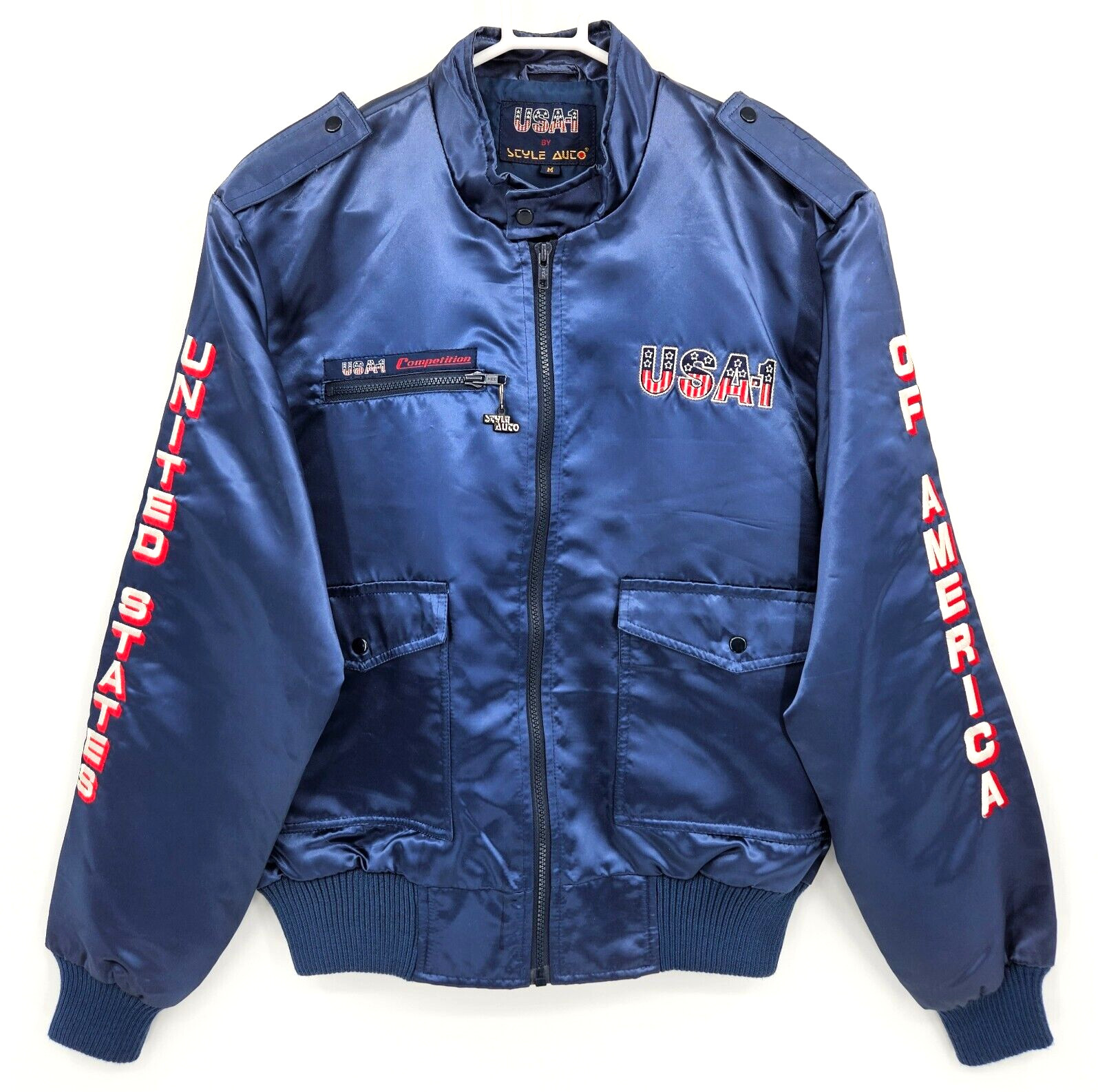 Vtg 1984 Style Auto USA-1 Competition LA Olympics Satin Bomber Racing Jacket M Vtg 1984 Style Auto USA-1 Competition LA Olympics Satin Bomber Racing Jacket M