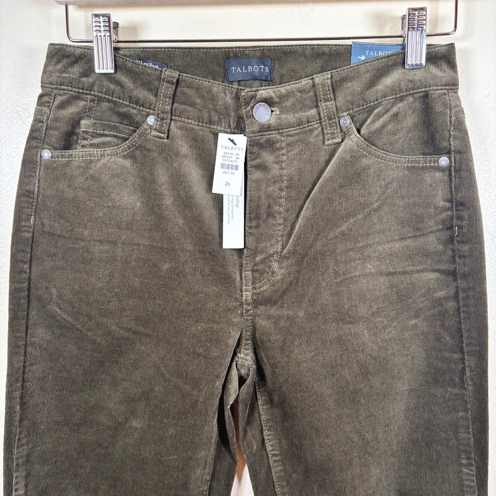 Talbots Corduroy Straight Leg Pant Women 2P Olive Green High Rise Slimming Panel