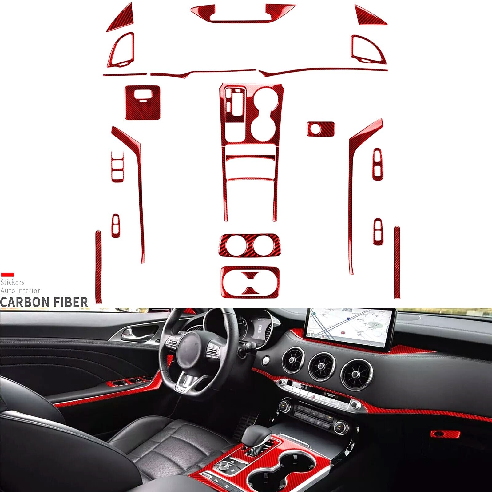 30Pcs Red Carbon Fiber Kits Full Interior Trim Cover For Kia Stinger GT 2018-23