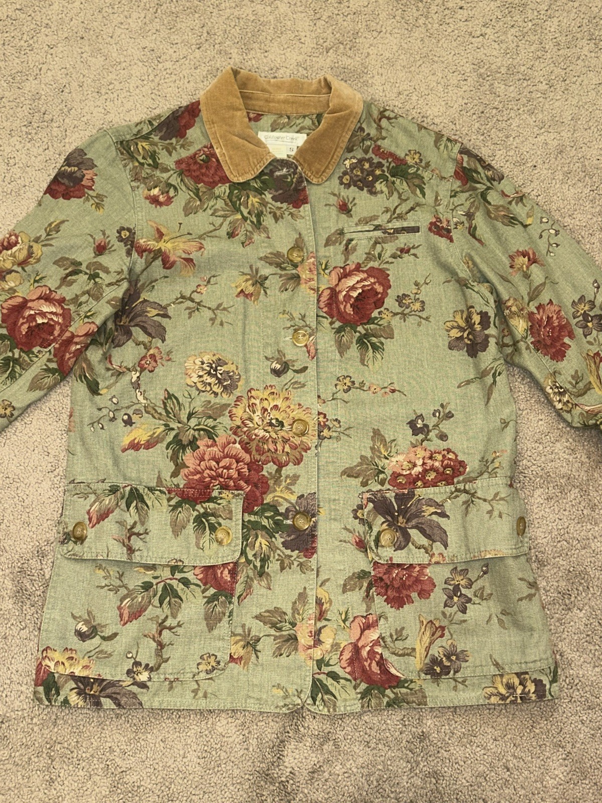 Vintage Coldwater Creek Floral Canvas Barn Coat Jacket Velvet Collar Size PM USA