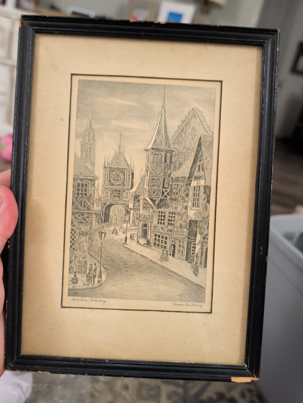 Vintage Antique Rothenburg Street Scene Genuine Steel Etching (A5) 1900s Frame 