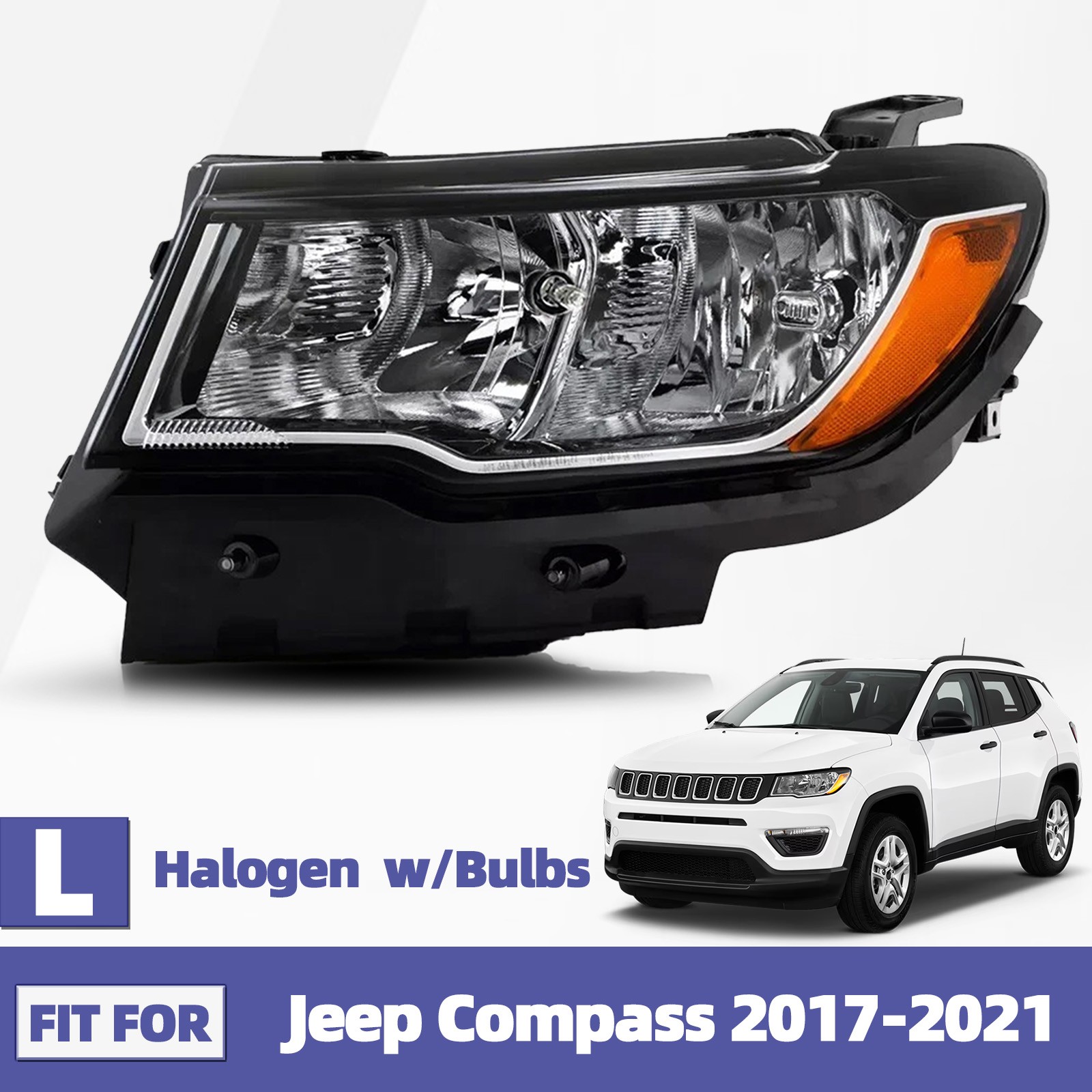 For 2017-2021 Jeep Compass Halogen Headlight Chrome With Bulb Left Driver Side For 2017-2021 Jeep Compass Halogen Headlight Chrome With Bulb Left Driver Side