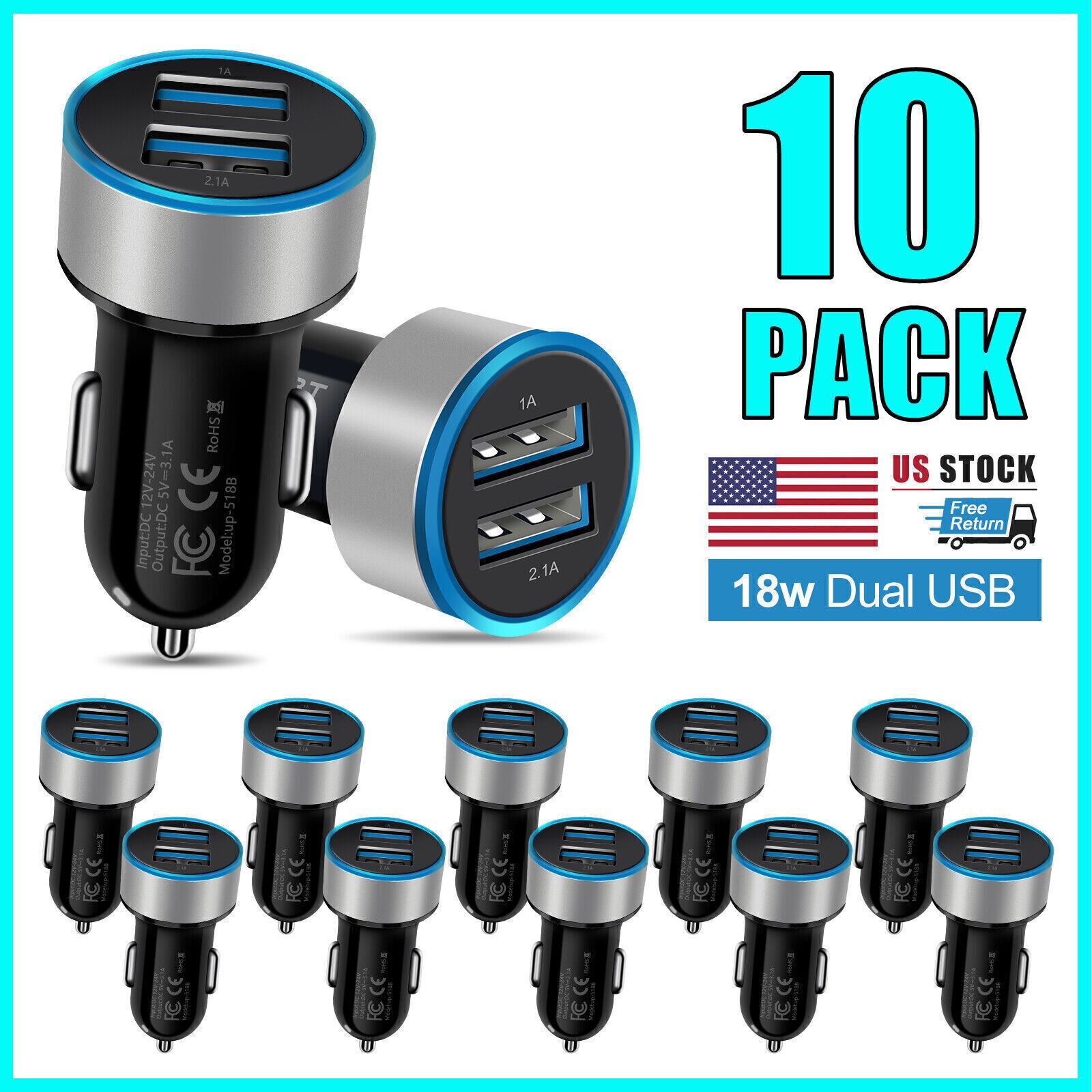 1-500x USB-C Car Chargers Dual Port QC 3.0 2.4A + 18W Wholesale Bulk Lot UNICORN