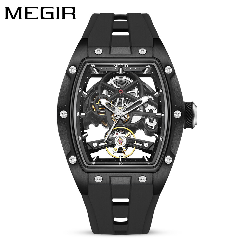 MEGIR Men\'s Automatic Mechanical Watch Skeleton Luminous Silicone Sports Luxury