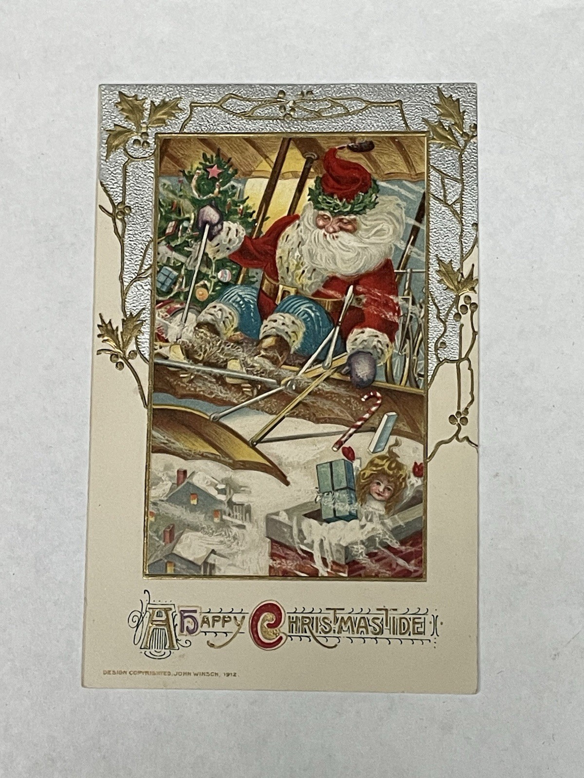 Vintage Christmas Postcard - John Winsch 1912 - Santa Flying Over Chimney Vintage Christmas Postcard - John Winsch 1912 - Santa Flying Over Chimney