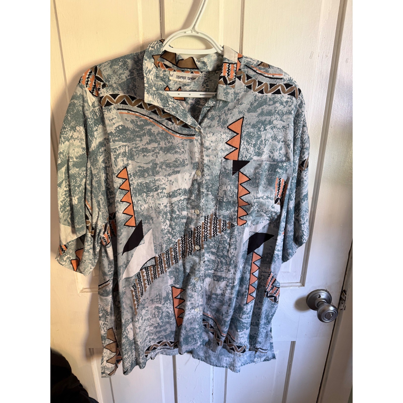 Vintage Esprit Sport Mens Medium Abstract Geometric Print Button Down Shirt Blue Vintage Esprit Sport Mens Medium Abstract Geometric Print Button Down Shirt Blue