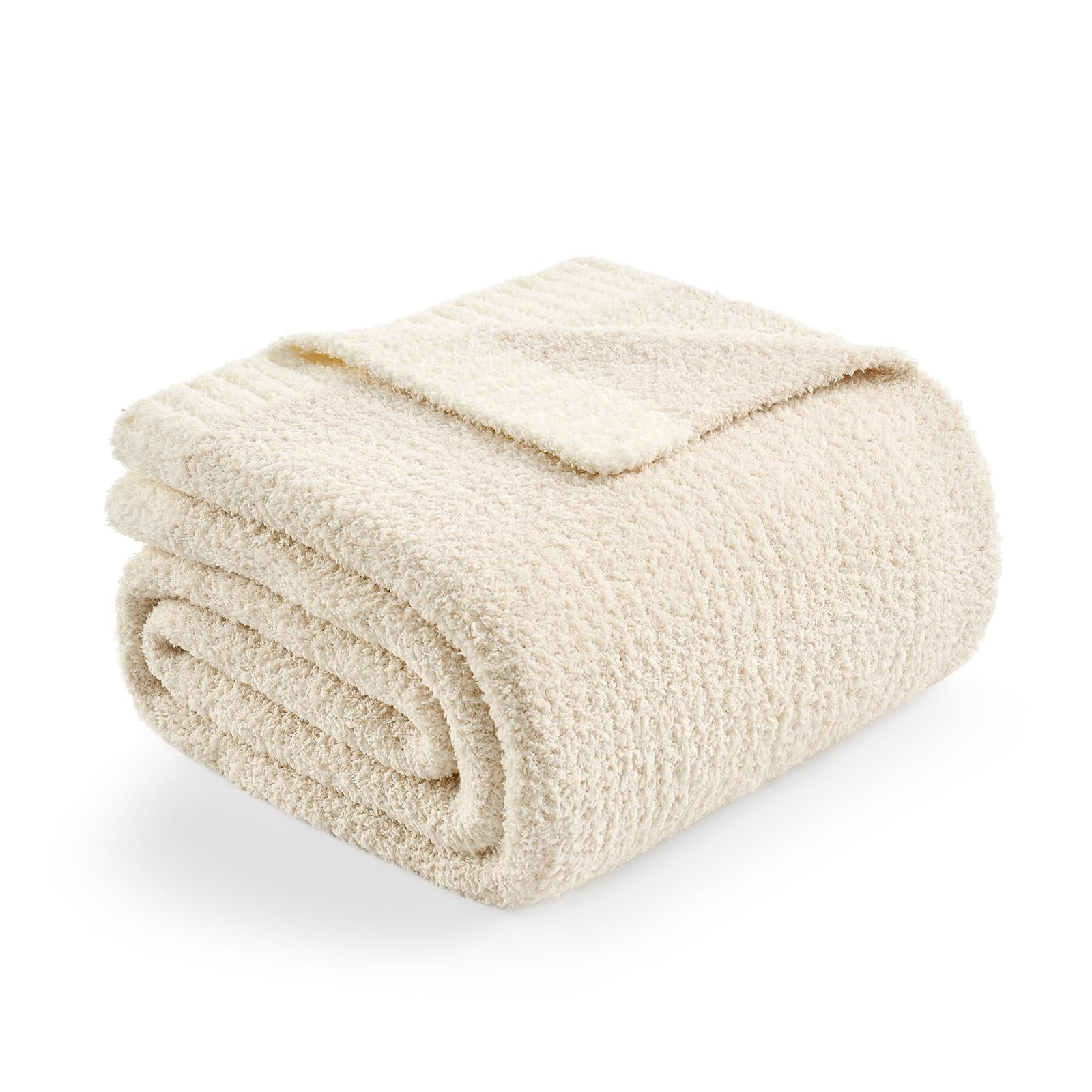 Snuggle Sac Buttery Ivory Throw Blanket for Couch Reversible Super Soft Knitted