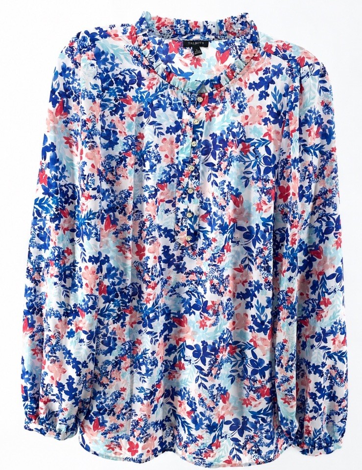 Talbots Womens Floral Blouse Large Blue Pink Ruffle Neck Henley Long Sleeve Top