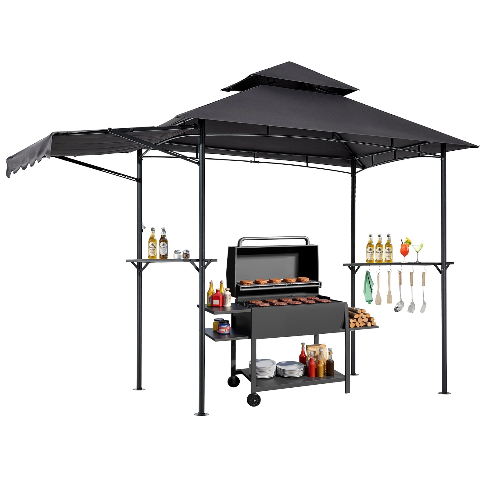 VEVOR 8\'x5\' BBQ Grill Gazebo Canopy Shelter Tent Shelf & Awning Double-Tiered
