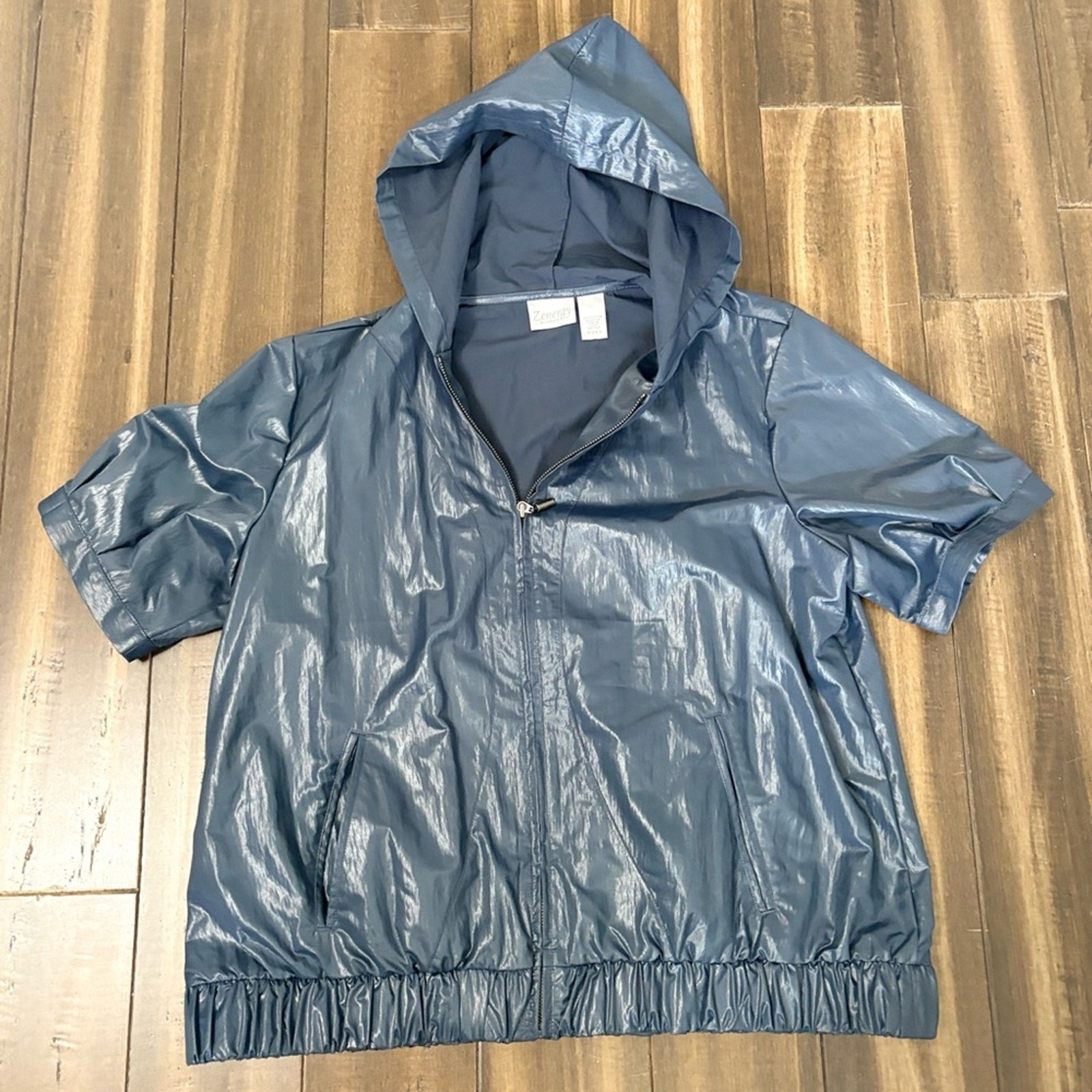 Chico’s Zenergy Metallic Blue Hooded Full Zip Windbreaker Jacket Size 2 L