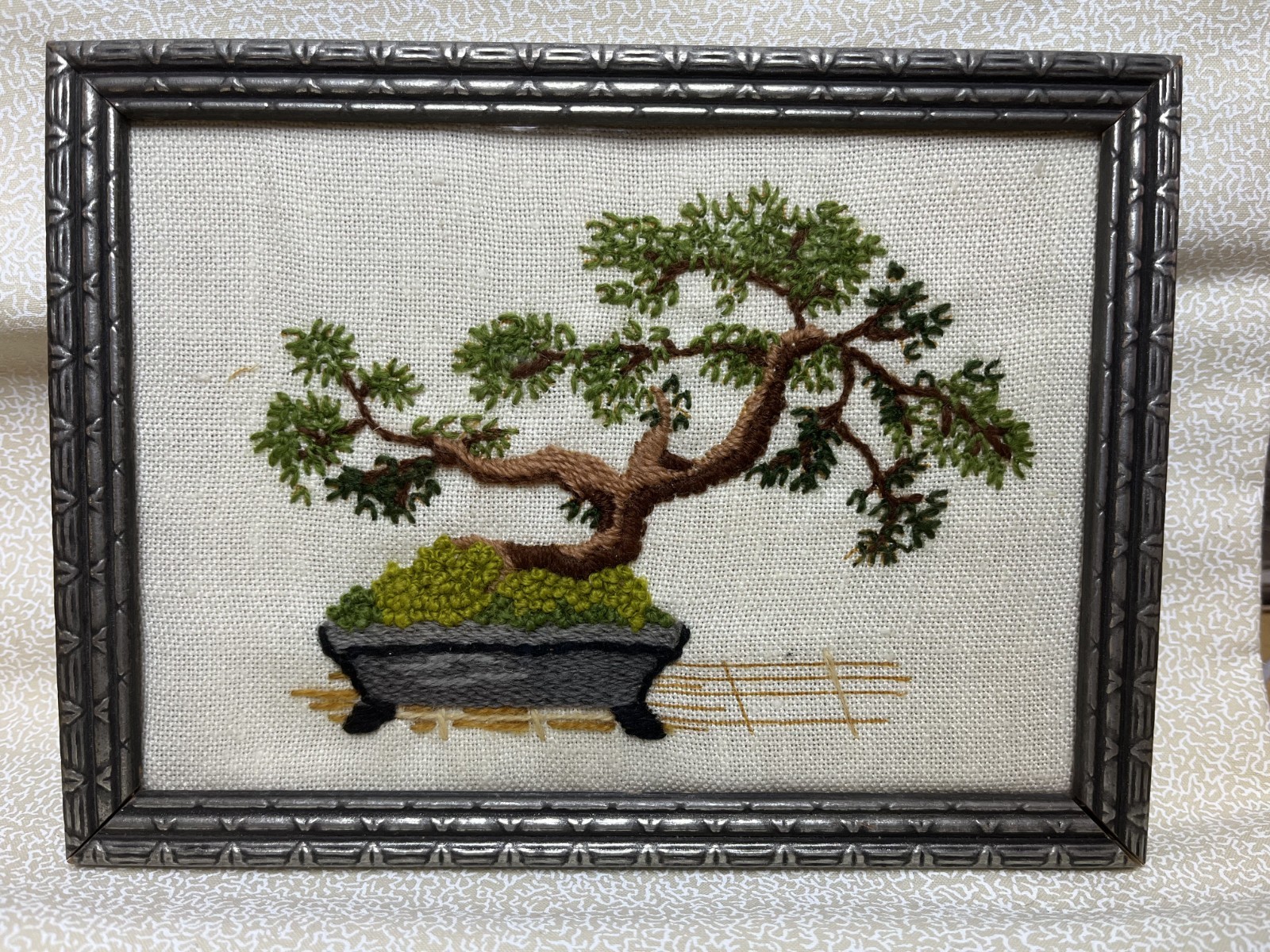 Vintage Jiffy Stitchery Bonsai Tree Finished Crewel Embroidery wood Framed 6X8 Vintage Jiffy Stitchery Bonsai Tree Finished Crewel Embroidery wood Framed 6X8