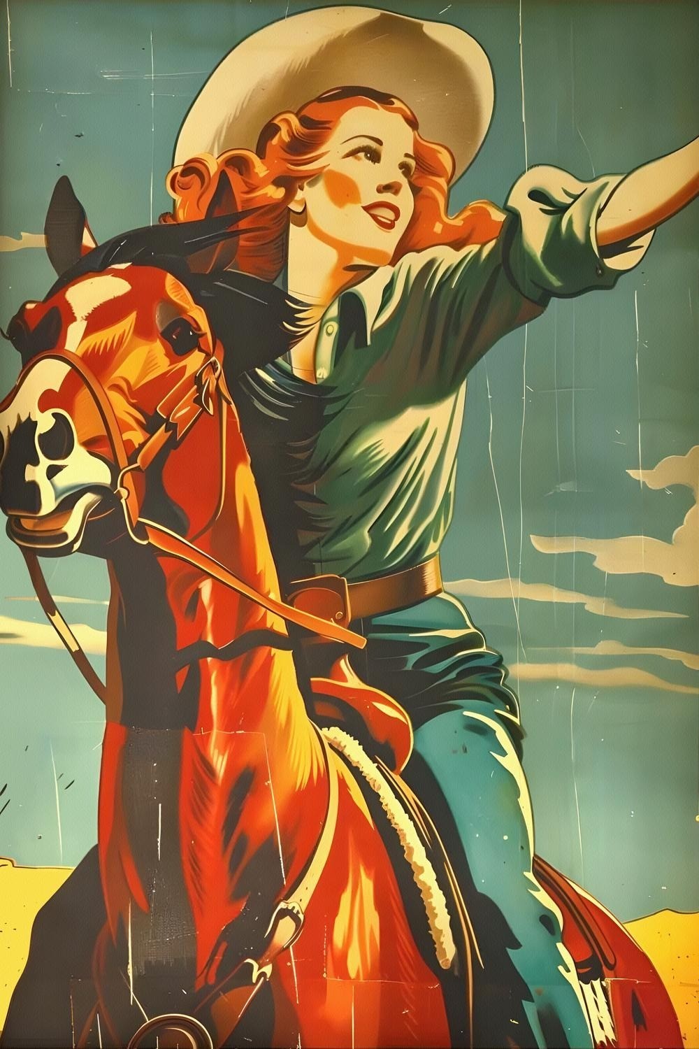 Vintage Cowgirl Poster Print Retro Rodeo Mid-Century Western Wall Art