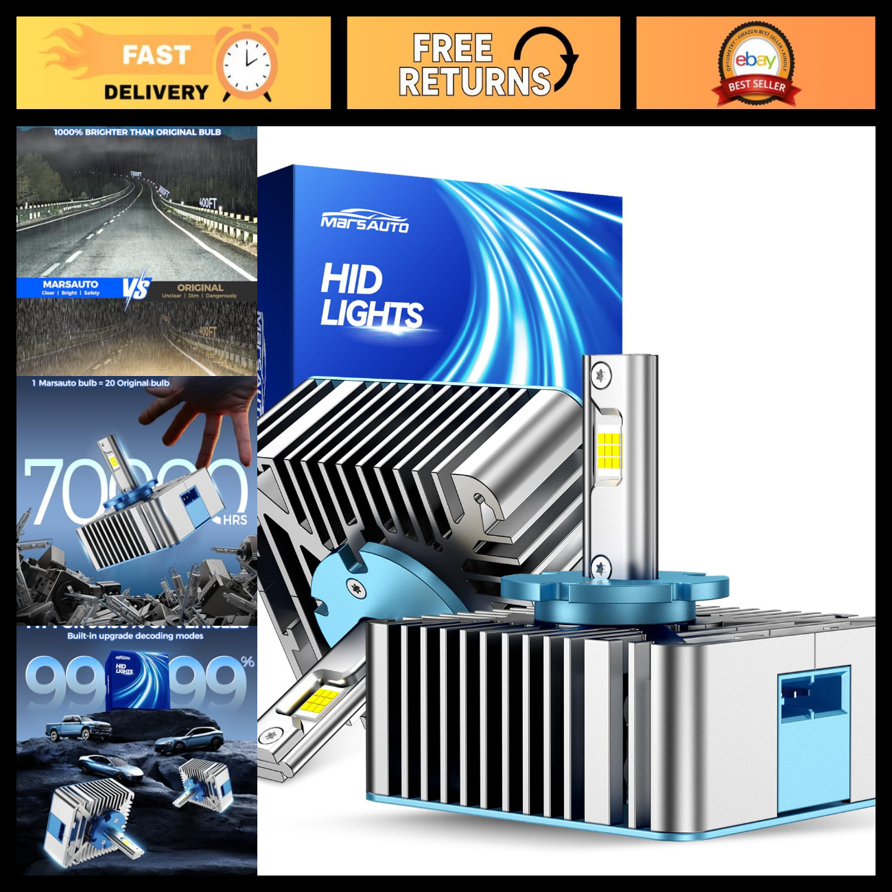 HID Xenon Bulbs D5S D5R, 10X Brightness 60,000LM 6500K White, Plug & Play, 2-Pac
