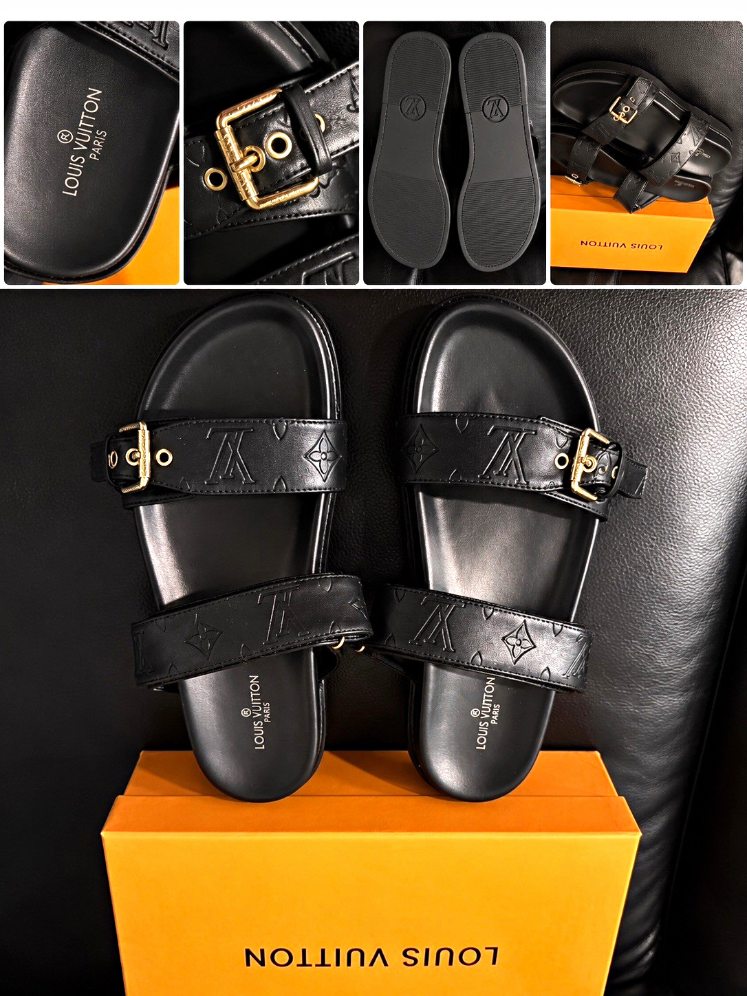 Louis Vuitton Women’s Black Monogram Logo Slide Sandals Buckle Strap US 8.5 Louis Vuitton Women’s Black Monogram Logo Slide Sandals Buckle Strap US 8.5