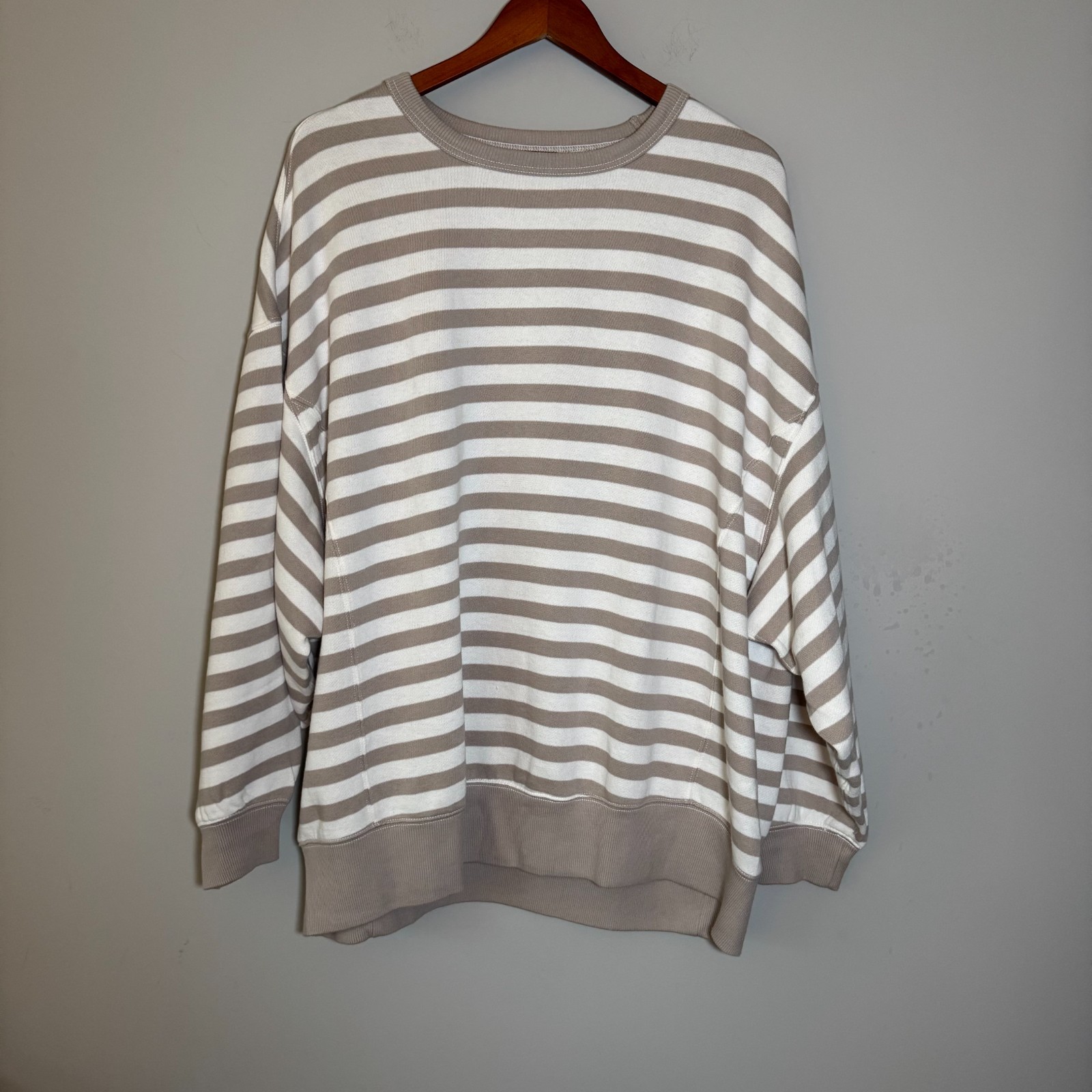 Aerie Go-To Sweatshirt Women XXL Stone Harbor Stripe Taupe 90s Oversized NWT