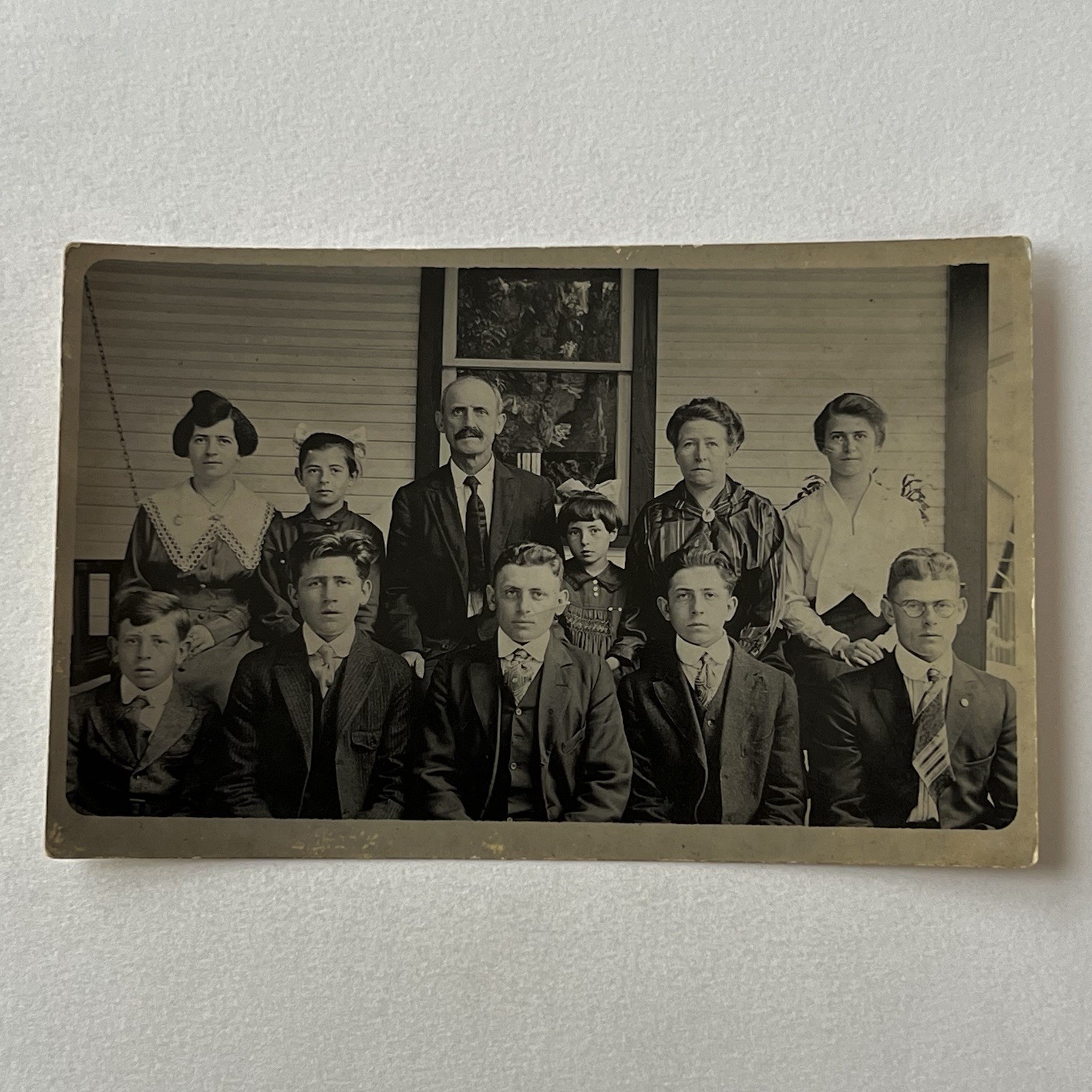 Antique RPPC Real Photograph Postcard Beautiful Family On Porch Men Women Girl