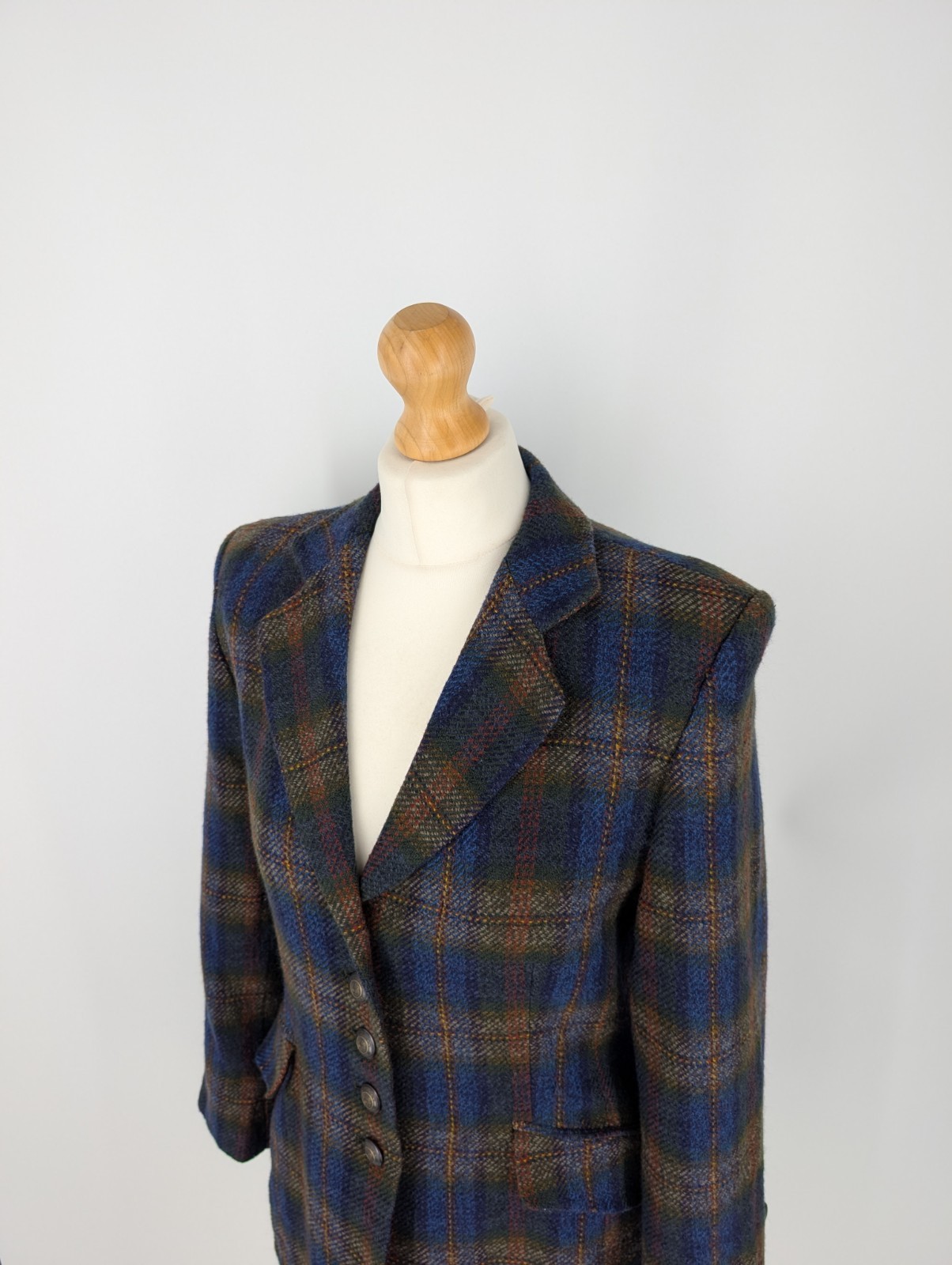 Women\'s BASLER Vintage Pure New Wool Check Longline Blazer Jacket Blue UK 12 Women\'s BASLER Vintage Pure New Wool Check Longline Blazer Jacket Blue UK 12