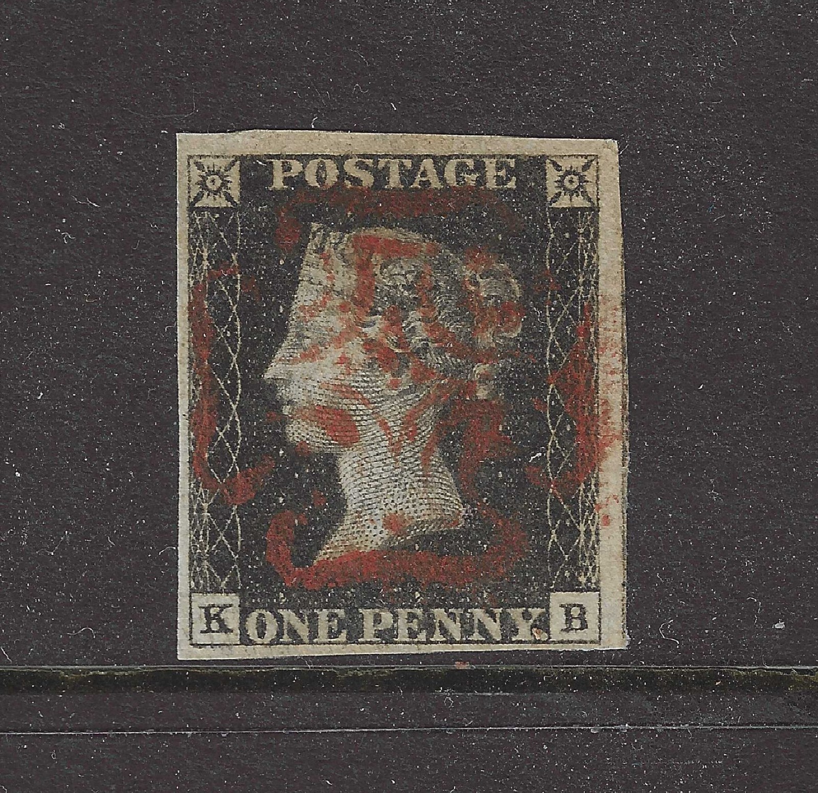 SG2 1840 1d black Stamp, KB, plate 6, 4 good margins, GB, QV, Red Maltese Cross SG2 1840 1d black Stamp, KB, plate 6, 4 good margins, GB, QV, Red Maltese Cross