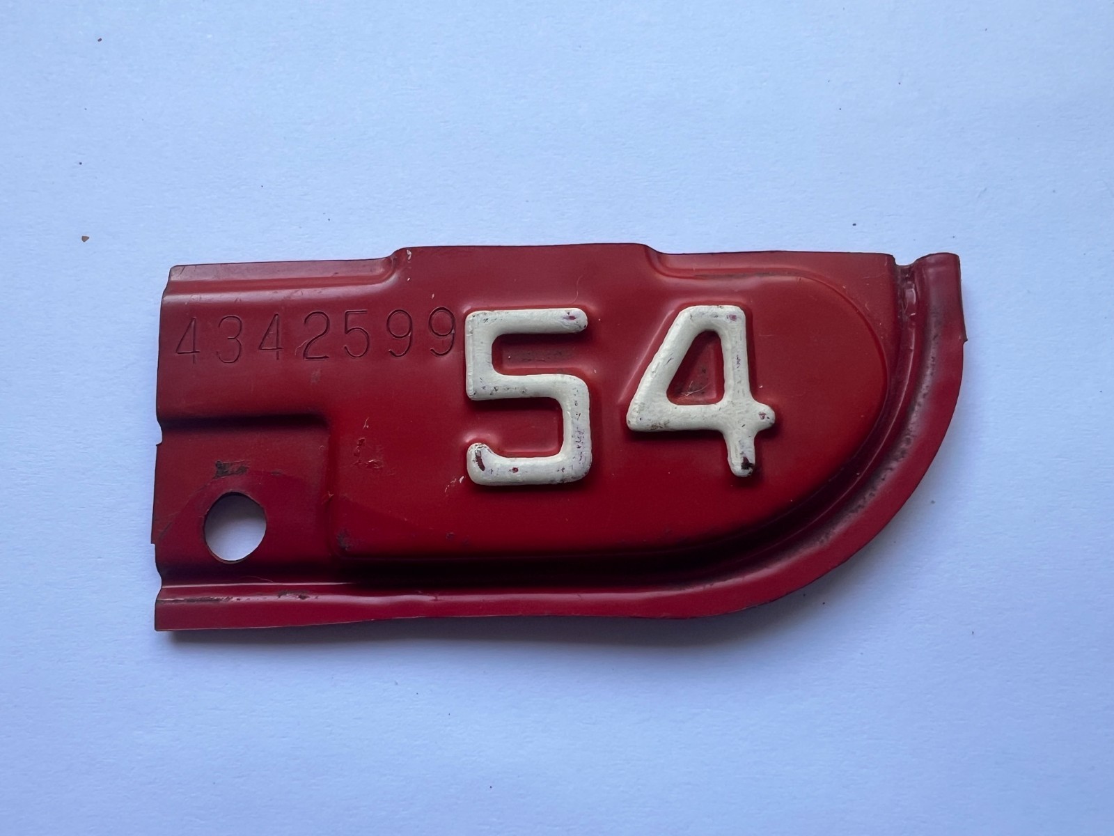 Original Vintage 1954 California License Plate Tab Tag DMV SN #4342599 Red Metal