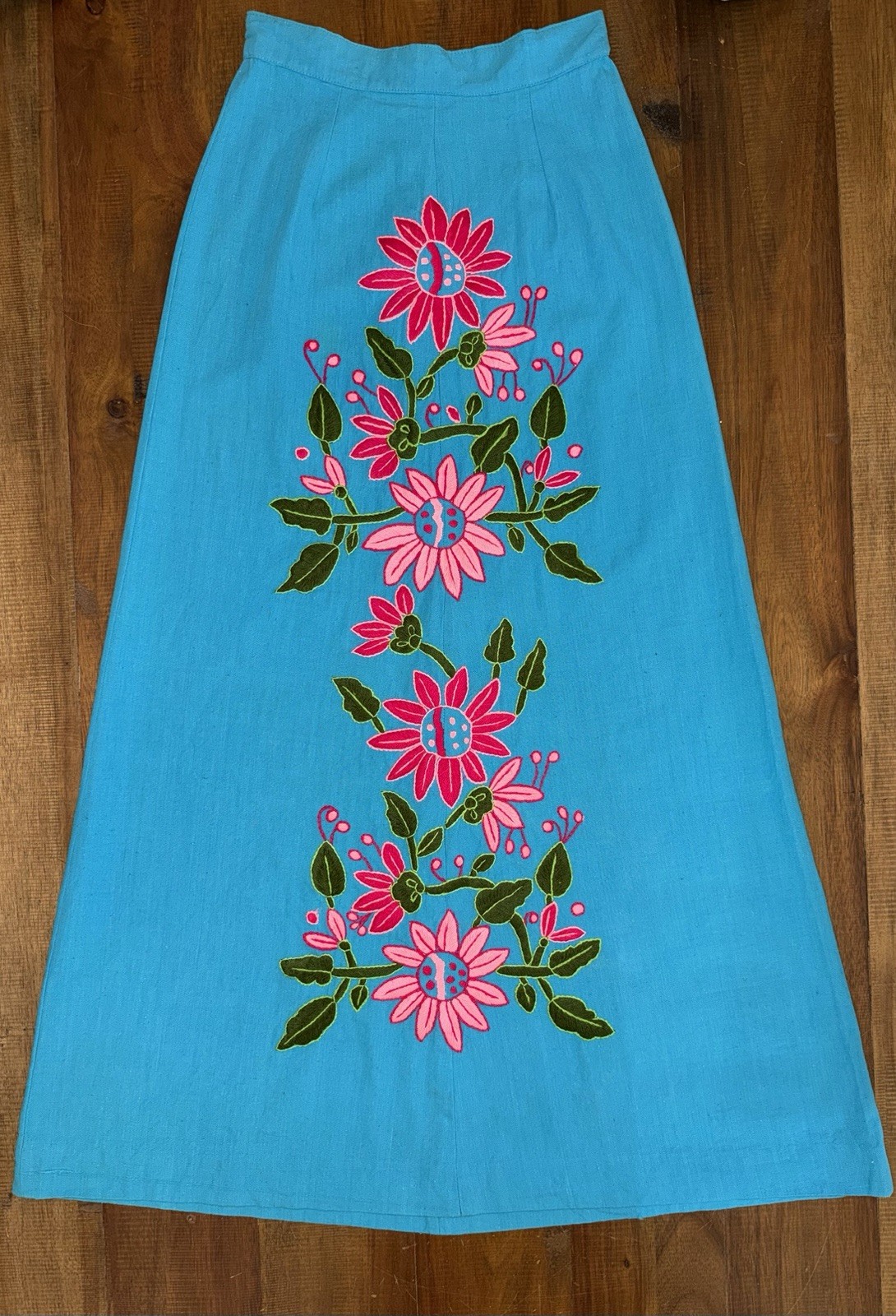 RARE Vintage 60’s Telas Tlaquepaque Turquoise Embroidered Mexican Skirt