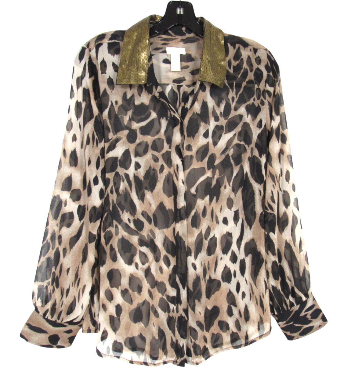 CHICO\'S Sheer Chiffon BROWN LEOPARD Button-Up SEQUIN COLLAR Blouse/Top Sz 1-US/M