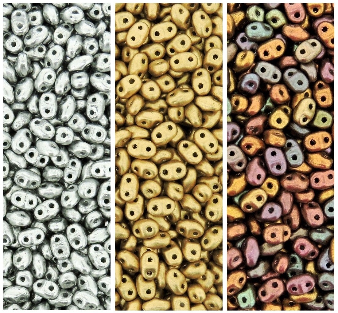 3 Colors - Czech Miniduo Beads 2x4mm Pale Gold, Aluminum & Violet Rainbow CMB12 3 Colors - Czech Miniduo Beads 2x4mm Pale Gold, Aluminum & Violet Rainbow CMB12