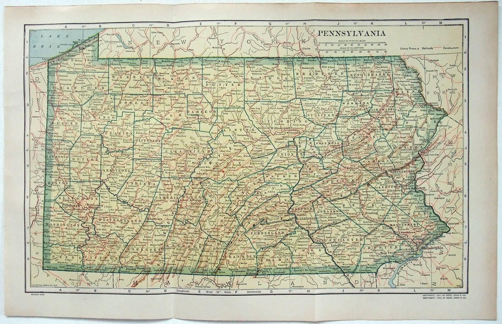 Pennsylvania - Original 1912 Dated Map by Dodd Mead & Company. Antique