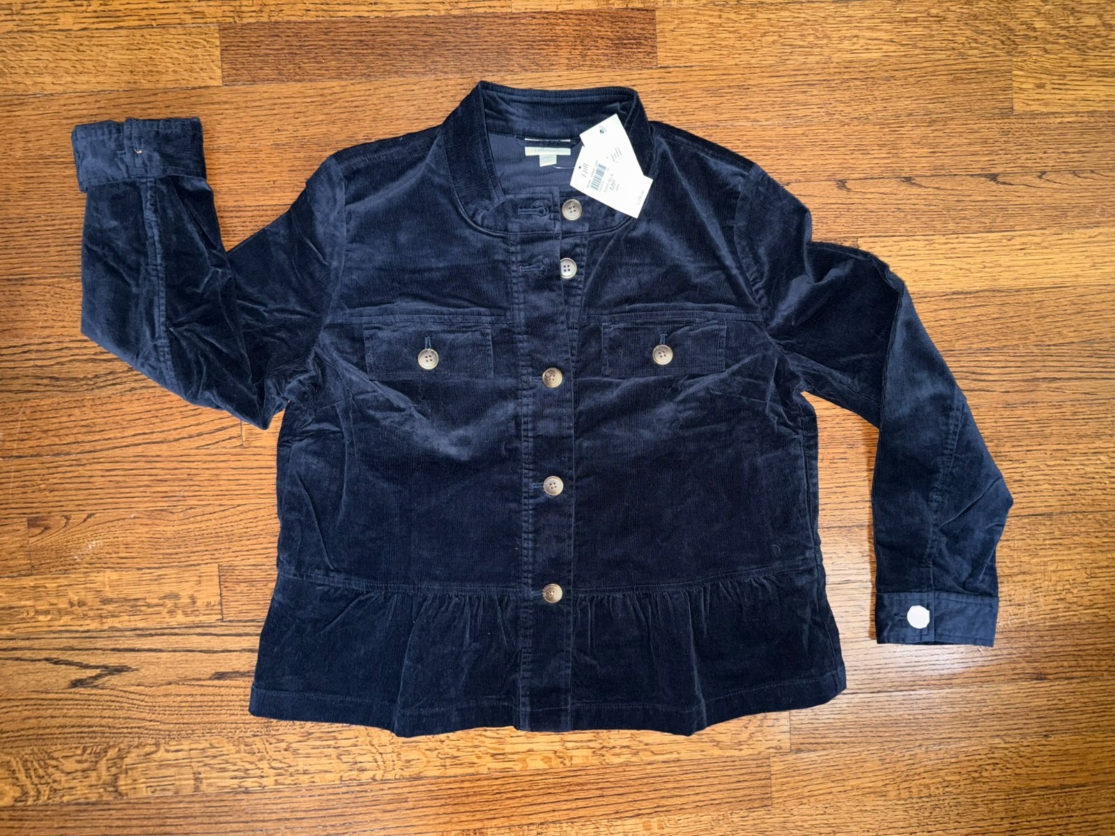 NWT J. Jill Corduroy Button-Front Peplum Jacket- Navy Blue - Medium Petite
