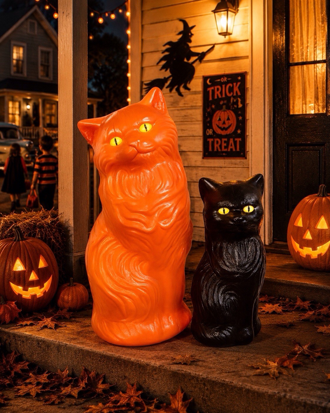 Blow Mold Plastic Halloween Black Orange Cats Bank Scary Yellow Eyes PAIR Blow Mold Plastic Halloween Black Orange Cats Bank Scary Yellow Eyes PAIR