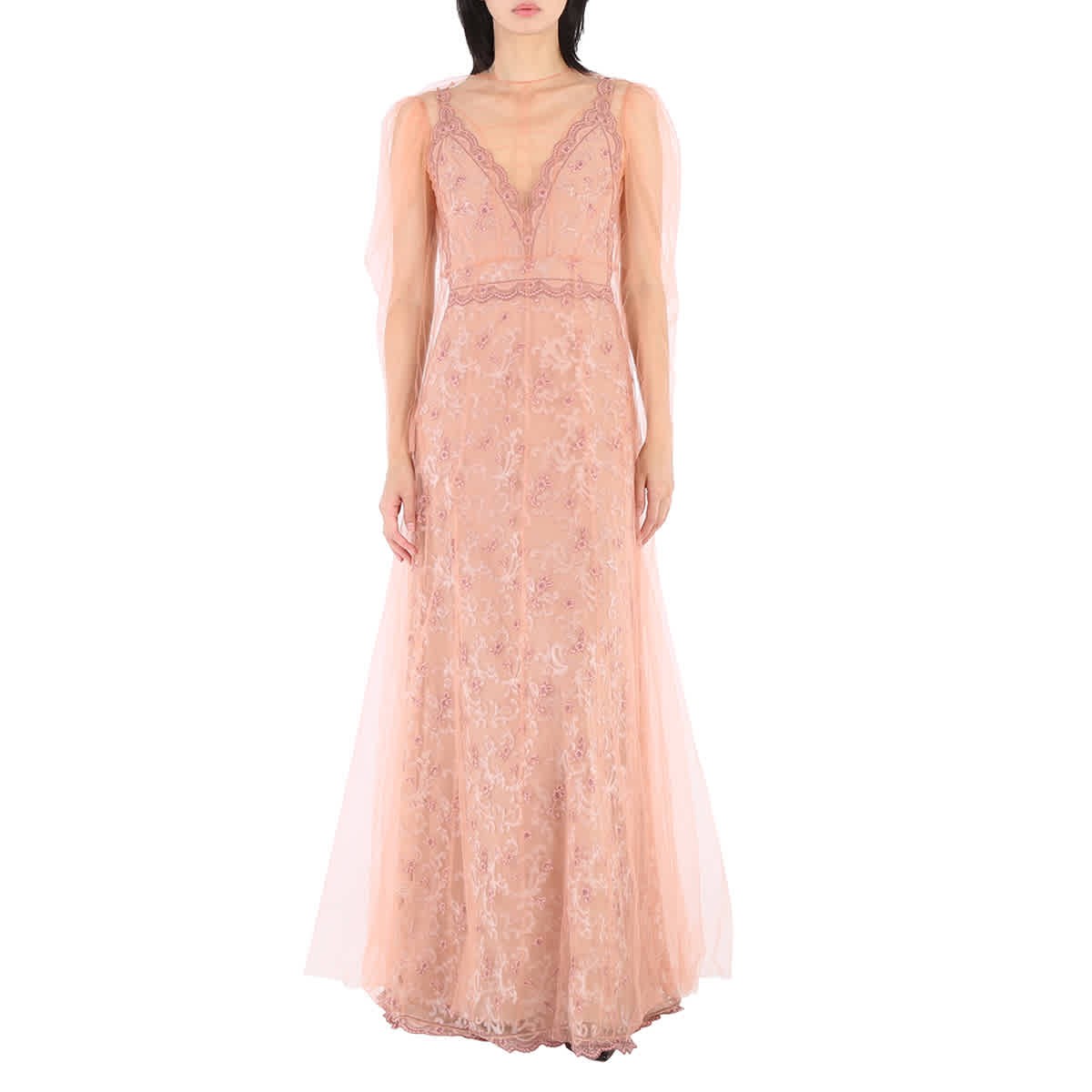 Burberry Floral-embroidered Puff-sleeve Dress In Dusty Pink, Brand Size 2 (US
