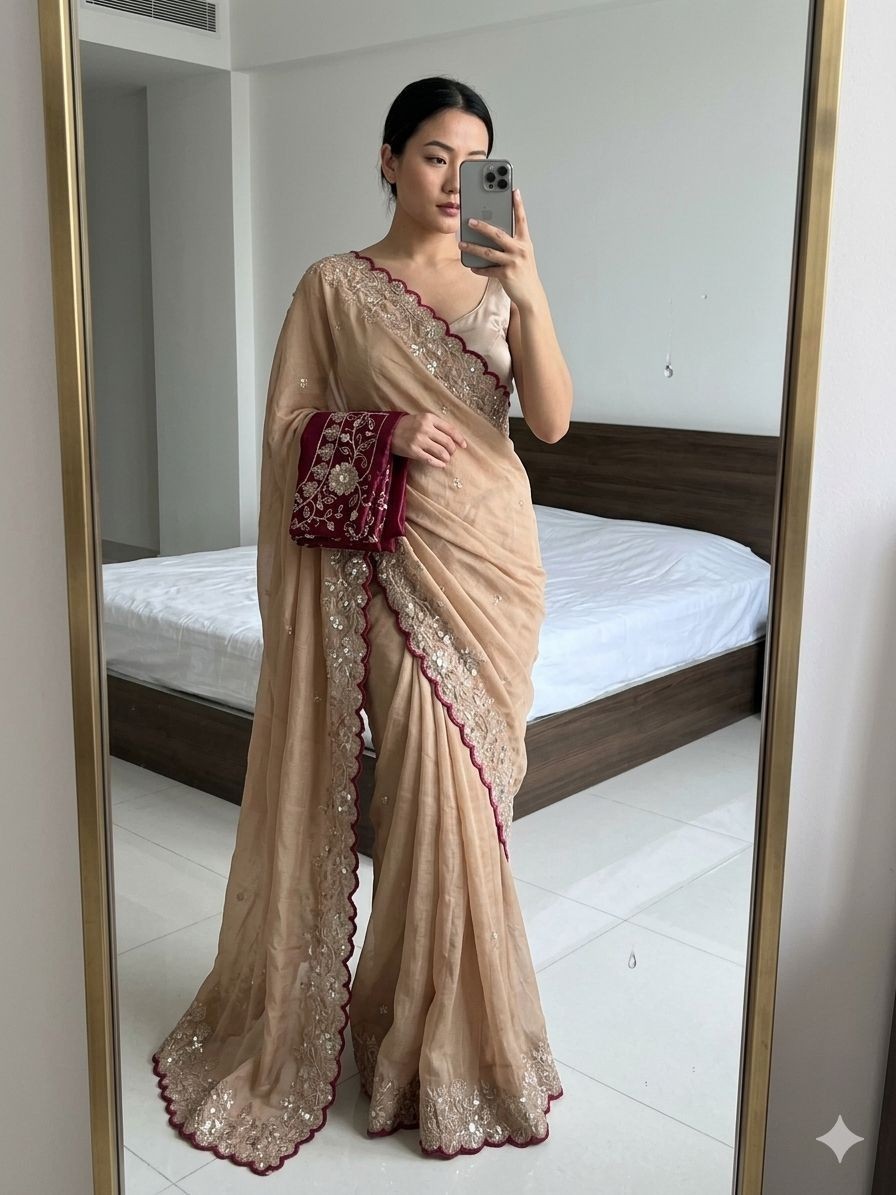 Designer Saree Bollywood Pure Georgette Sequins Work Sari Blouse Wedding Wear