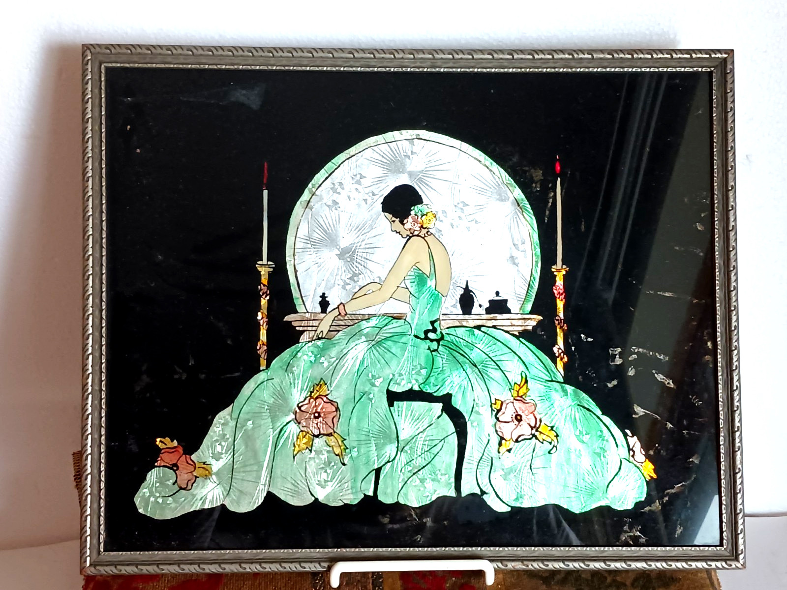 Vtg Art Deco Foil Art Lady at Vanity with Large Mirror and Tall Candles 1920-30s Vtg Art Deco Foil Art Lady at Vanity with Large Mirror and Tall Candles 1920-30s