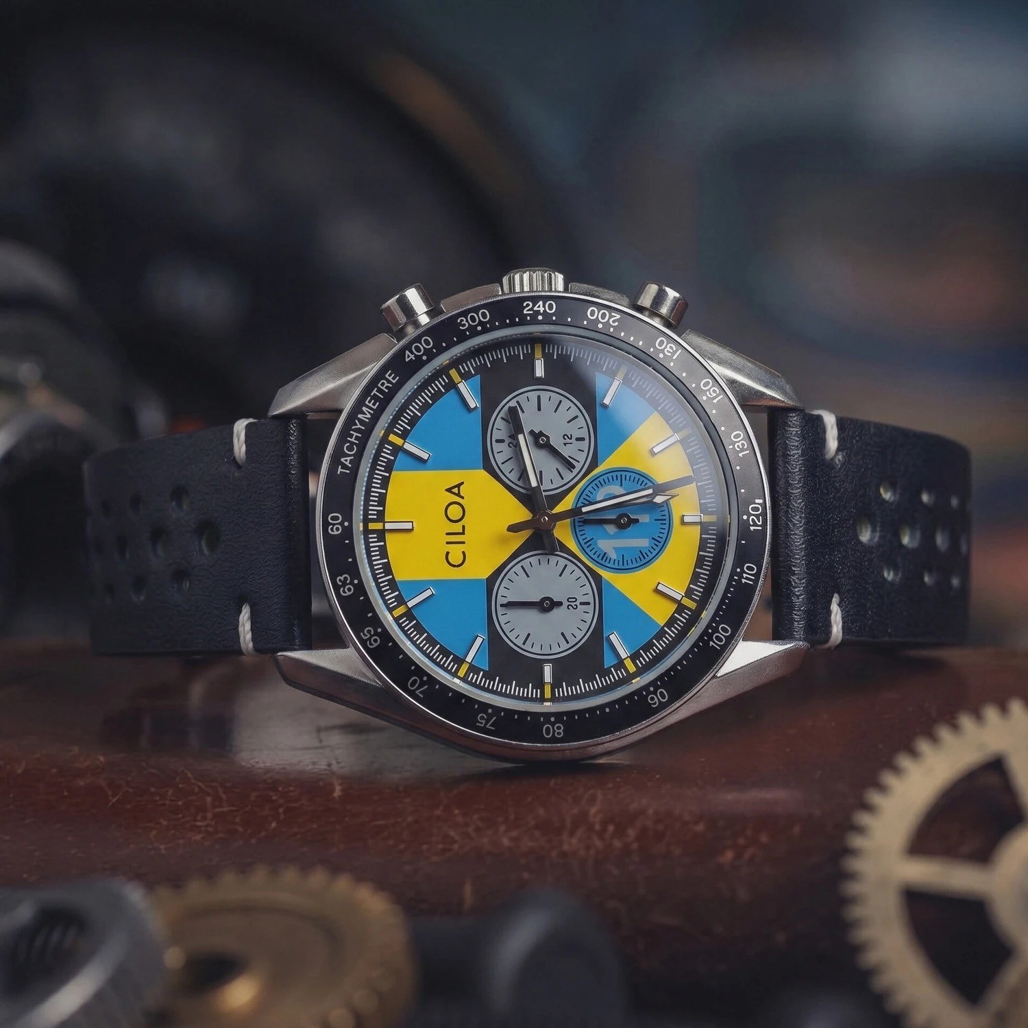 CILOA Men\'s Racing Chronograph Watch Blue & Yellow Dial Leather Strap Tachymeter